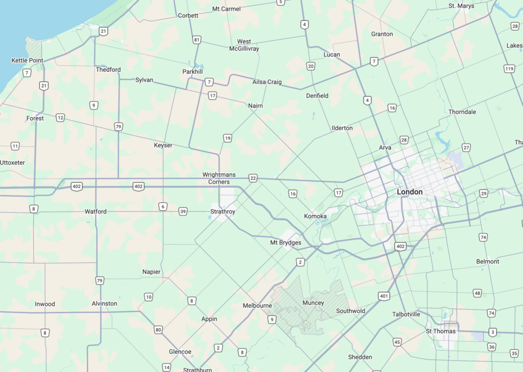 A map showcasing many of the small towns and cities located outside of London, Ontario.